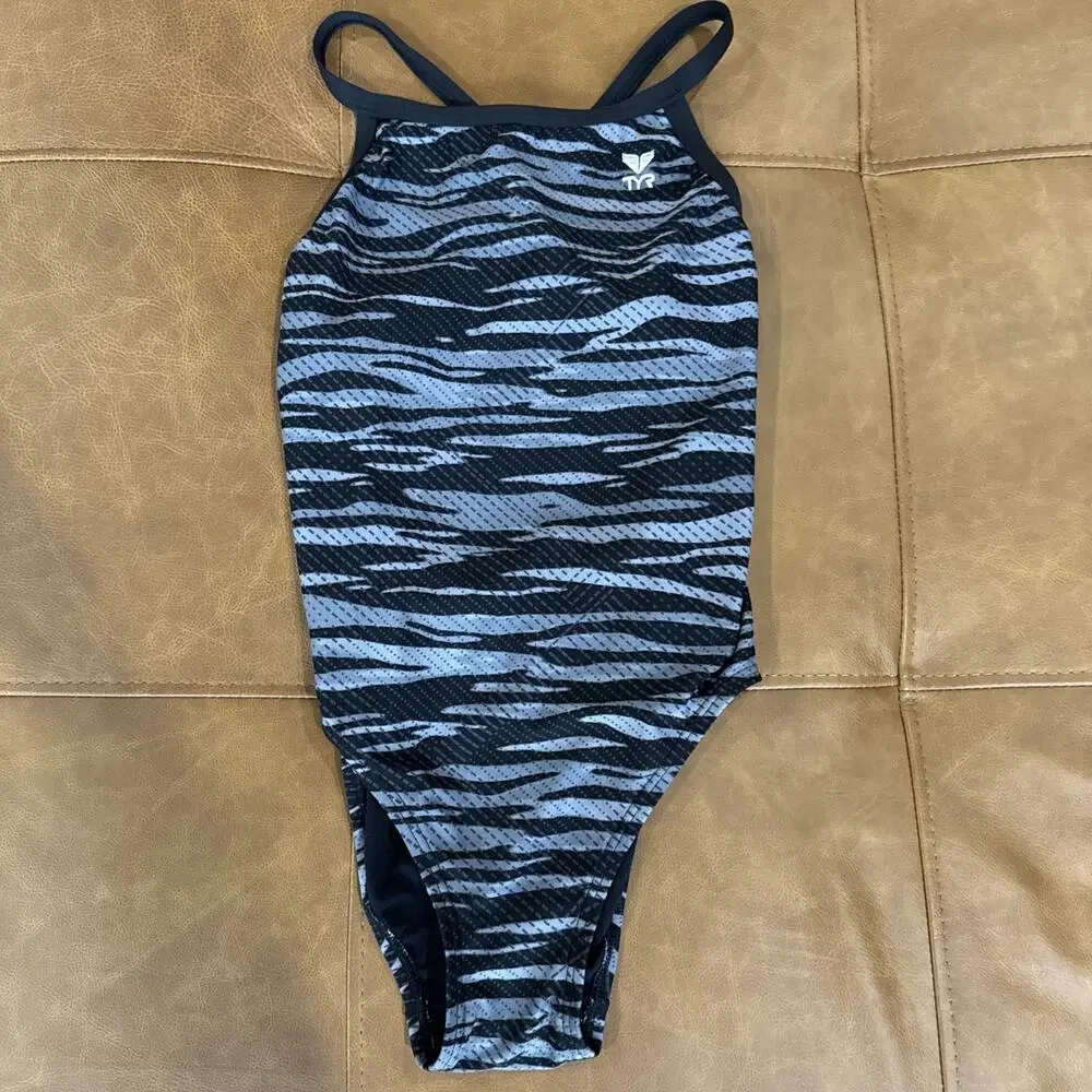 TYR Grey Black Crypsis Cutout Sporty One Piece Bathing Swimsuit Size 32